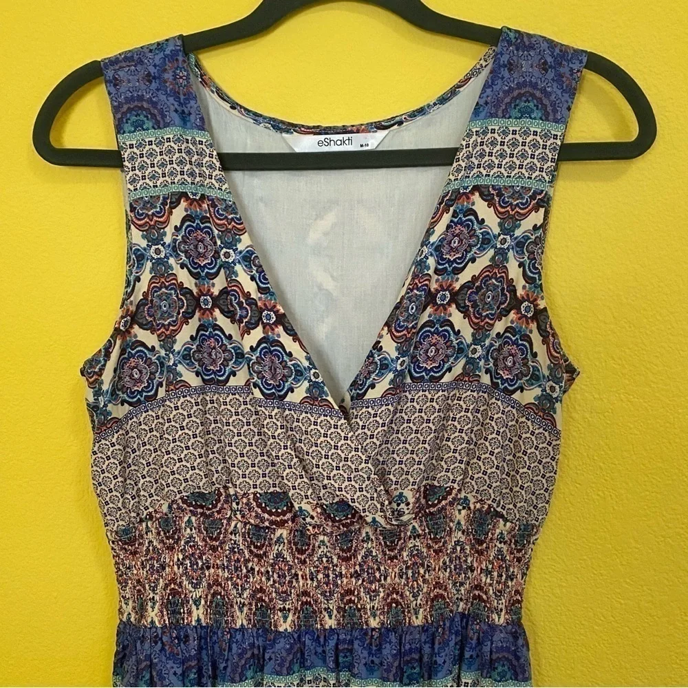 eshakti Womens Size M Sleeveless Smocked Waist A Line Mixed Print Maxi Dress